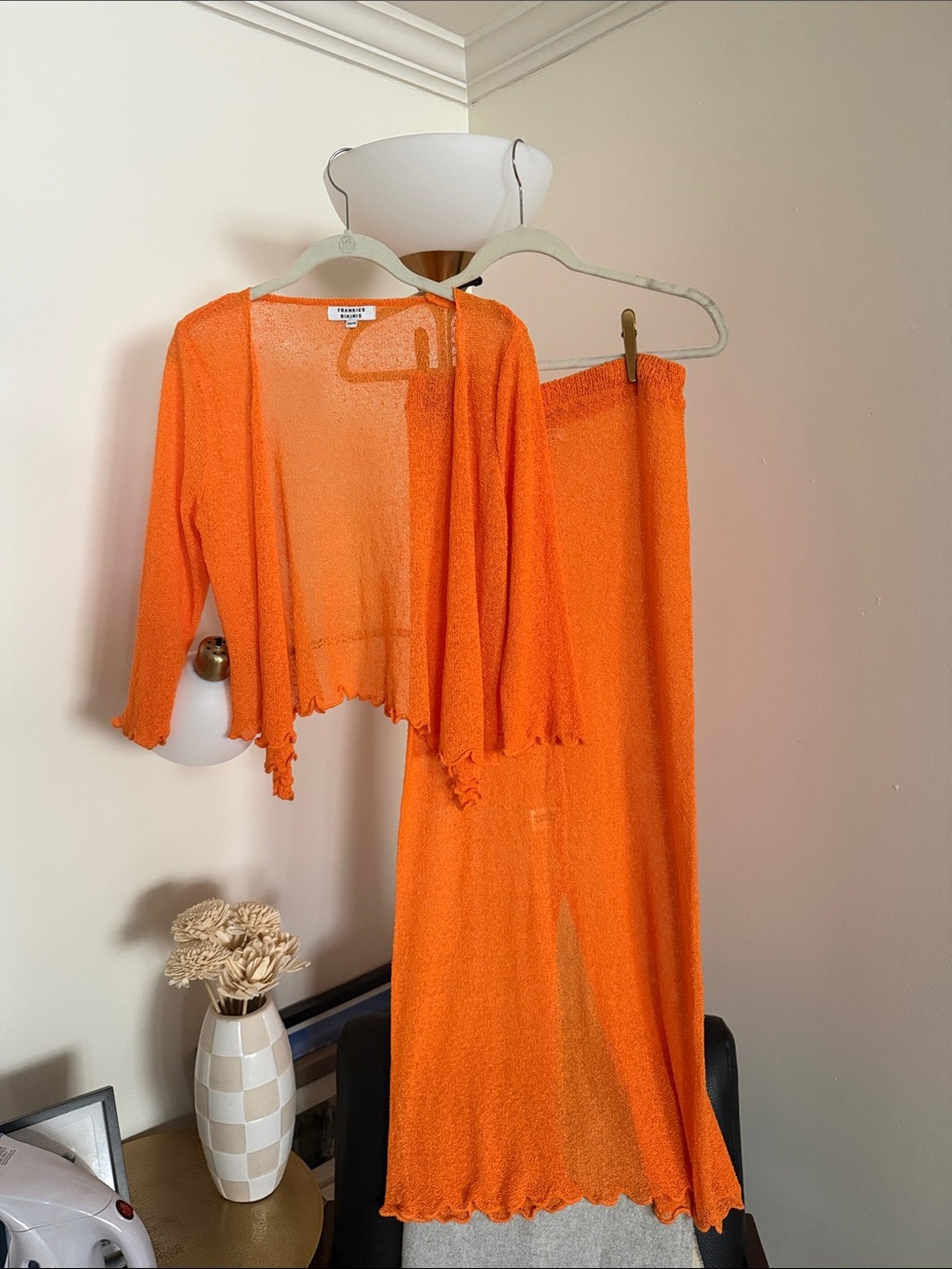 Frankie's Bikinis Bright Orange Sheer Knit Cardigan & Skirt Set